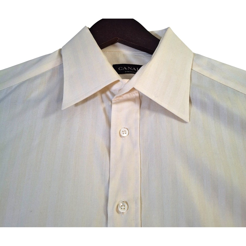 Canali French Cuff Dress Shirt Men's Size 16 Light Yellow Striped Made in Italy